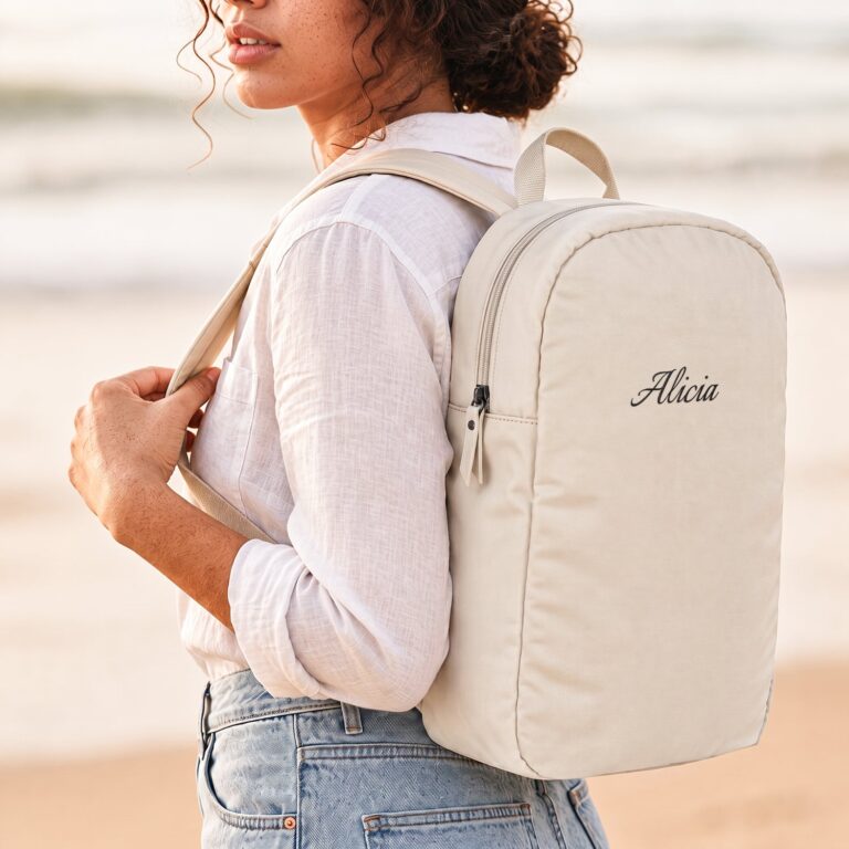embroidered backpack – adults – beige – puffy style