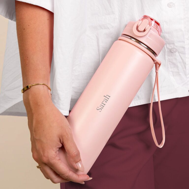 personalised bloom water bottle – stainless steel – soft pink