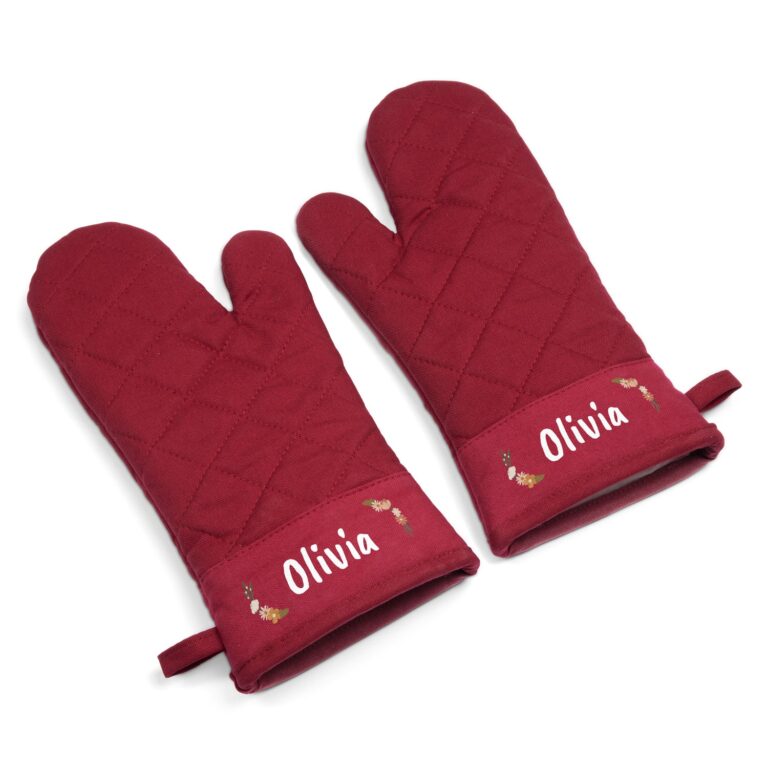 Personalised oven gloves - 2 pcs - Burgundy personalised oven gloves – 2 pcs – burgundy