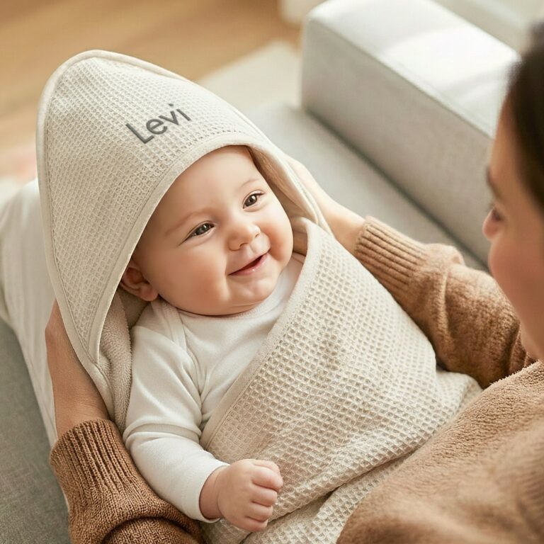 personalised hoodie blanket for baby – beige – waffle & fleece fabric