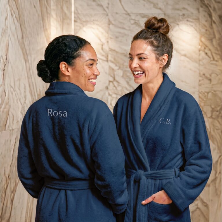 personalised fleece bathrobe for women – embroidered – blue – l/xl