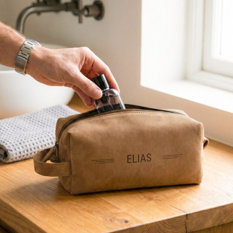 personalised leather toiletry bag – brown – engraved