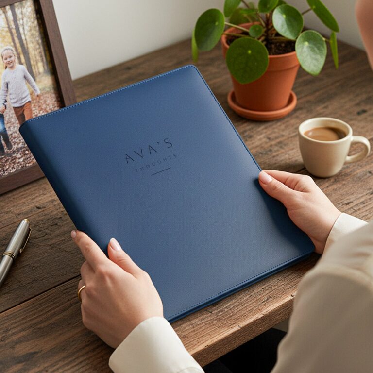 notepad holder – blue – engraved leather