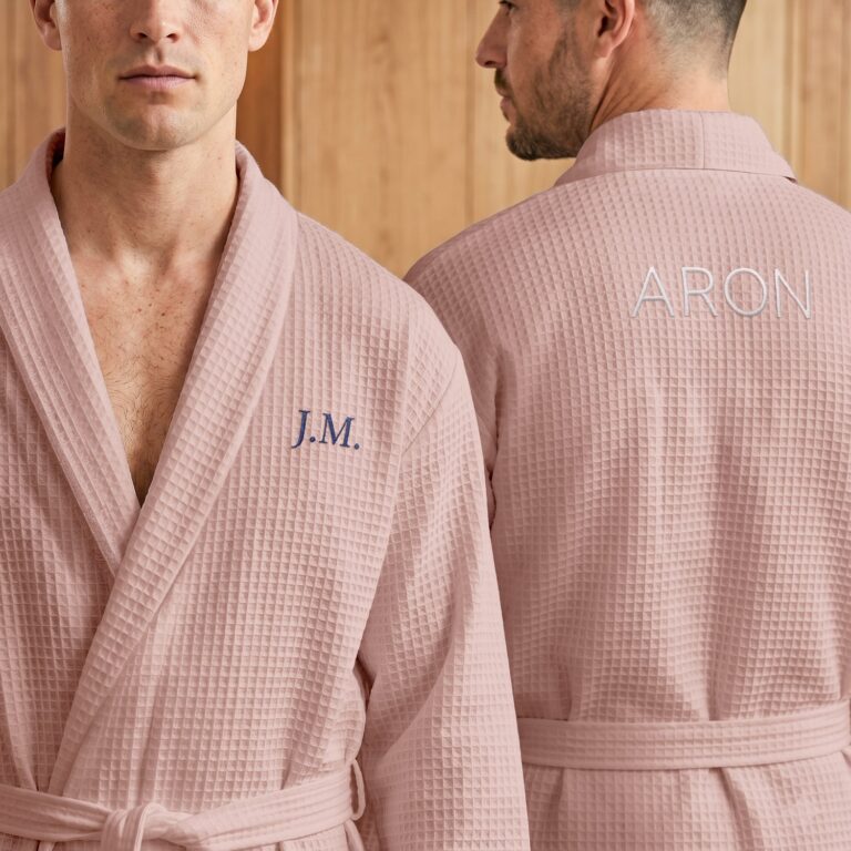 personalised waffle robe men – embroidered – pink – l/xl