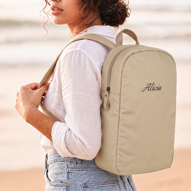 Embroidered backpack - Adults - Taupe - Puffy style embroidered backpack – adults – taupe – puffy style