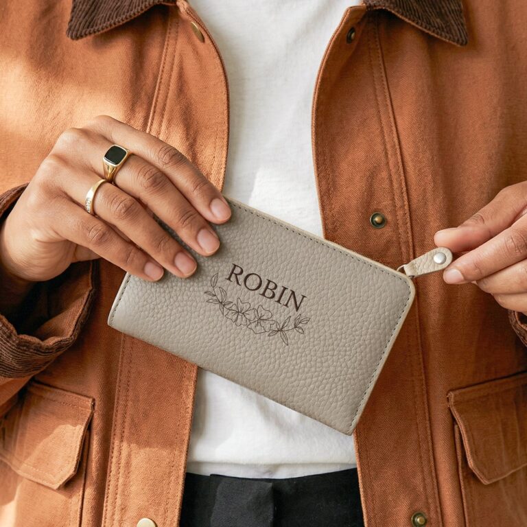 women's leather wallet with engraved name – taupe – small