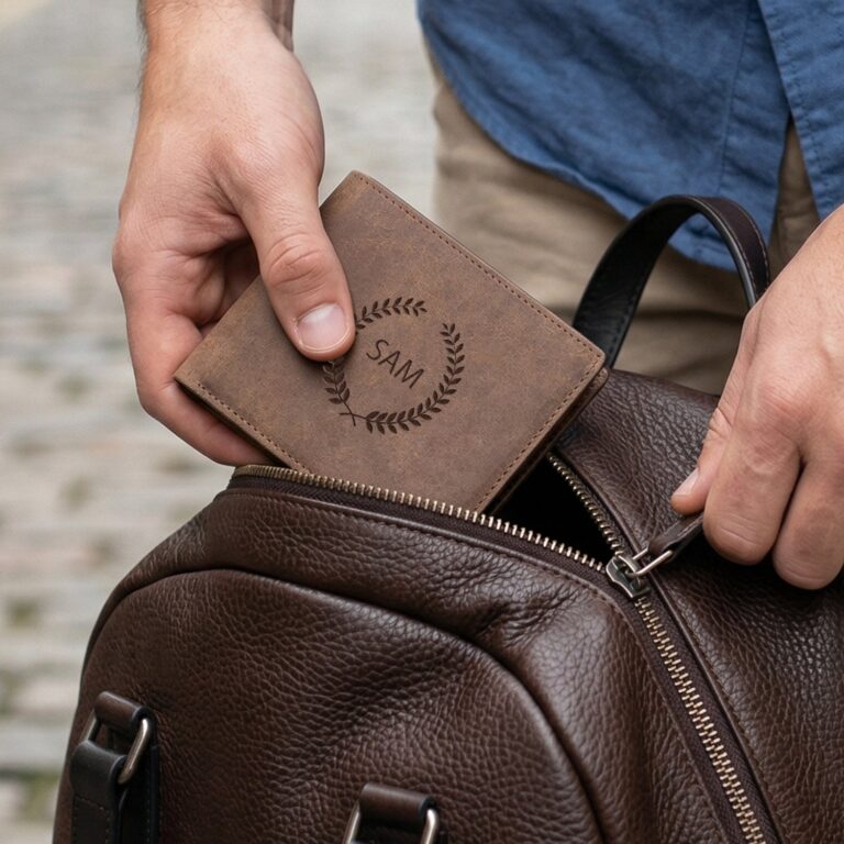 personalised leather wallet – engraved – brown