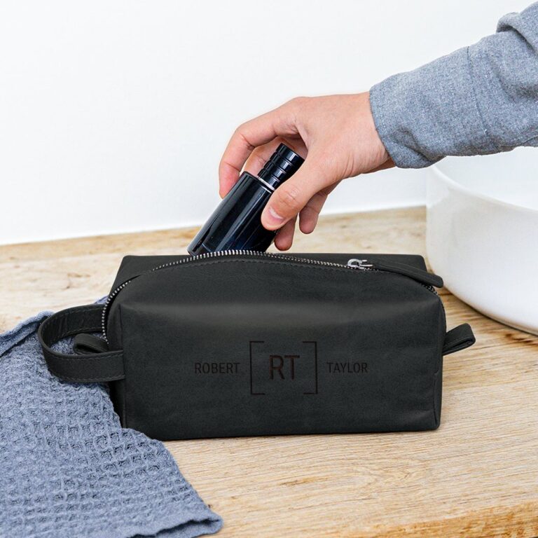 personalised leather toiletry bag – black – engraved