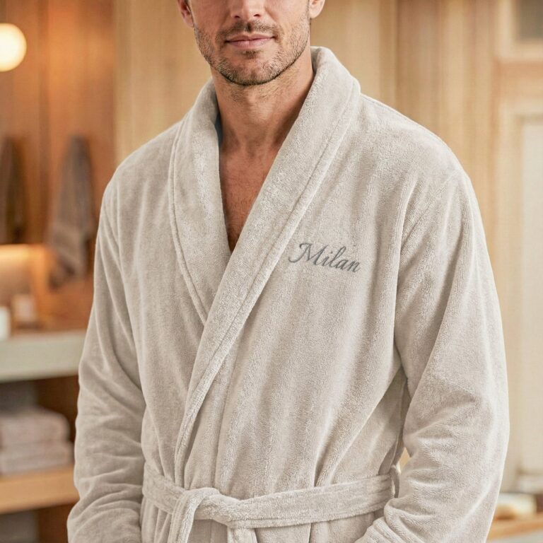 terrycloth bathrobe for men – with name – beige – s/m