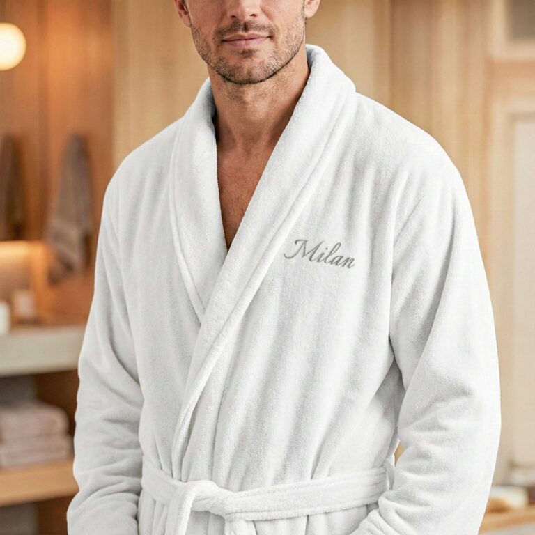 terrycloth bathrobe for men – with name – white s/m