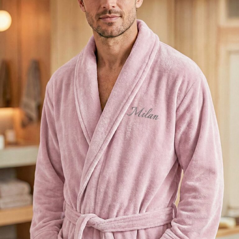 terrycloth bathrobe for men – with name – pink l/xl