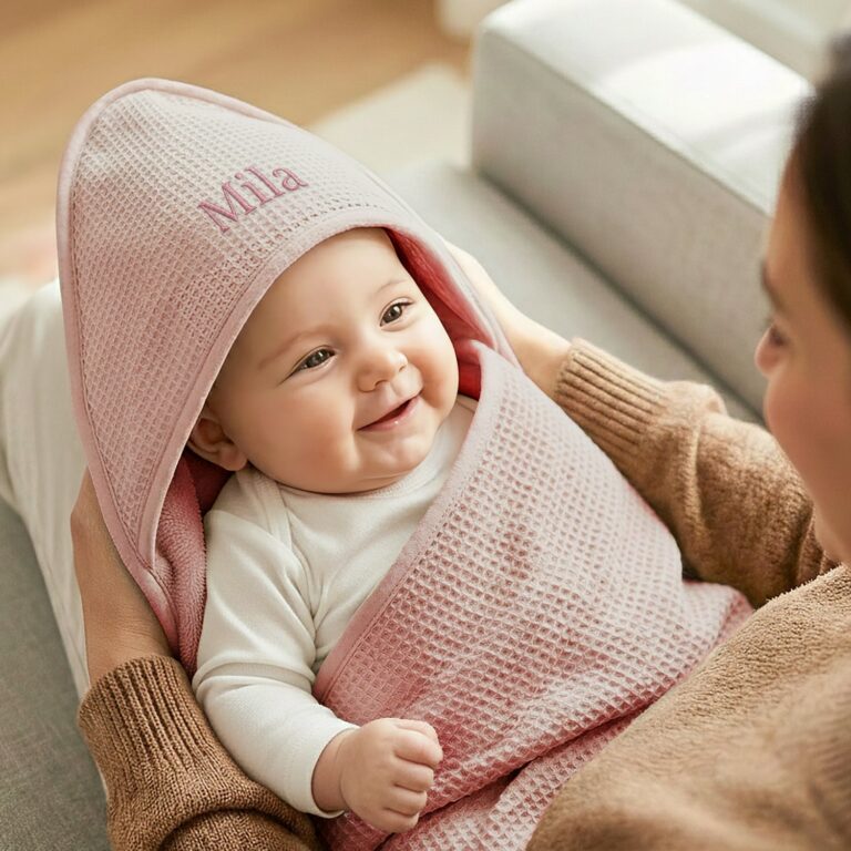 personalised hoodie blanket for baby – pink – waffle & fleece fabric