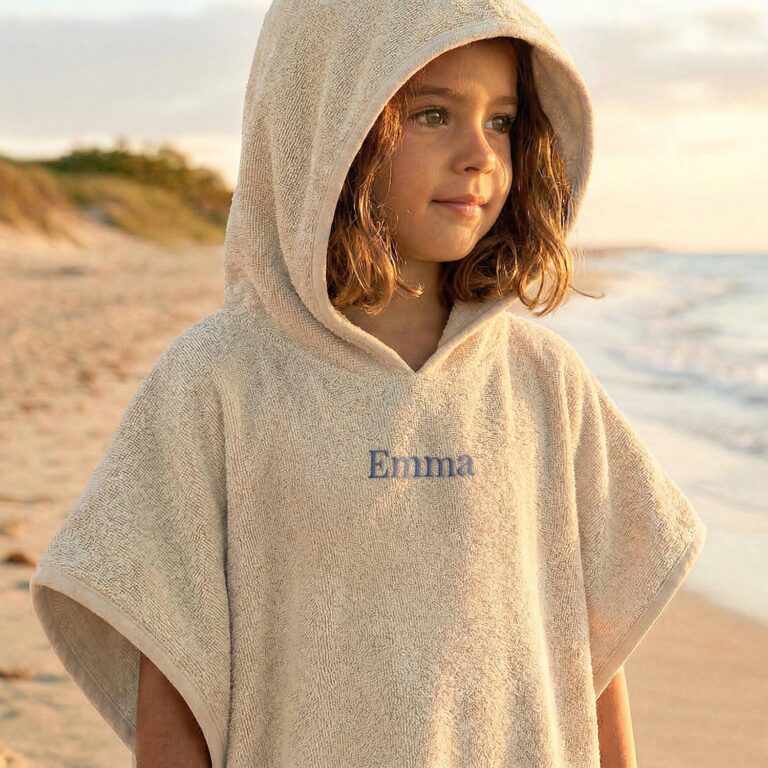 kids poncho towel embroidered with name – 6/12 years – beige