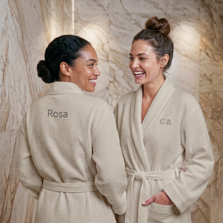 personalised waffle robe women – embroidered – beige – l/xl