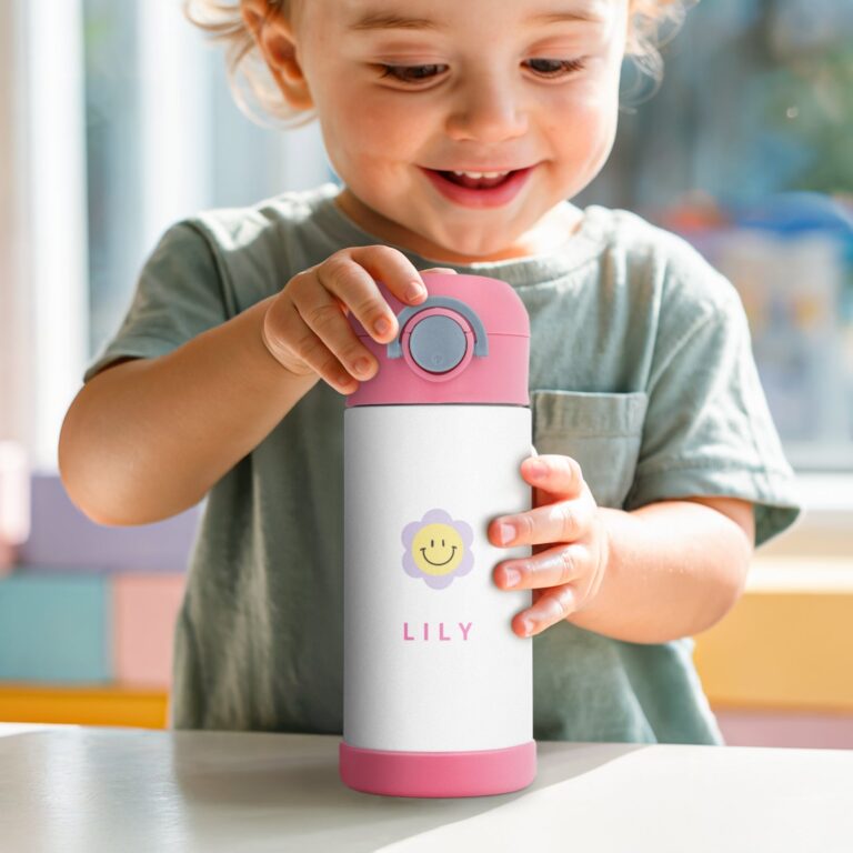 kids stainless steel water bottle with straw – 350 ml – pink