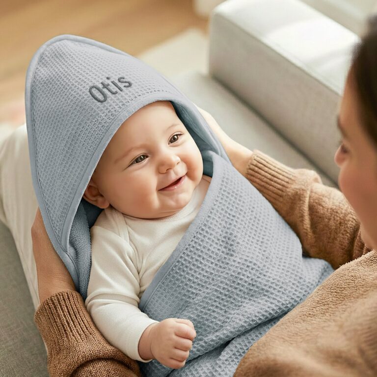 personalised hoodie blanket for baby – blue – waffle & fleece fabric