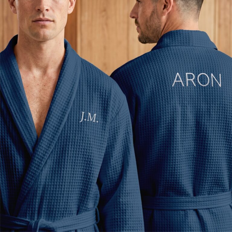 personalised waffle robe men – embroidered – blue – s/m