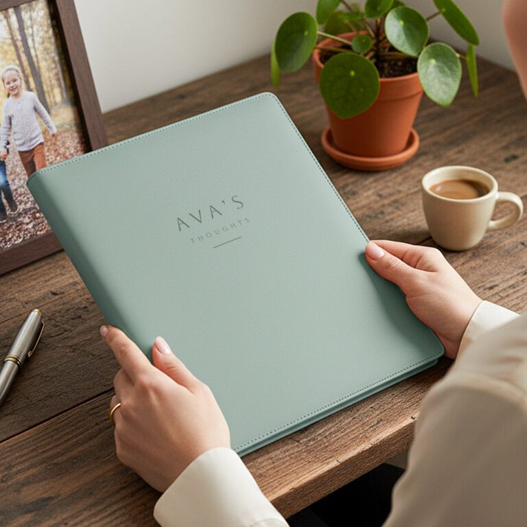notepad holder – green – engraved leather