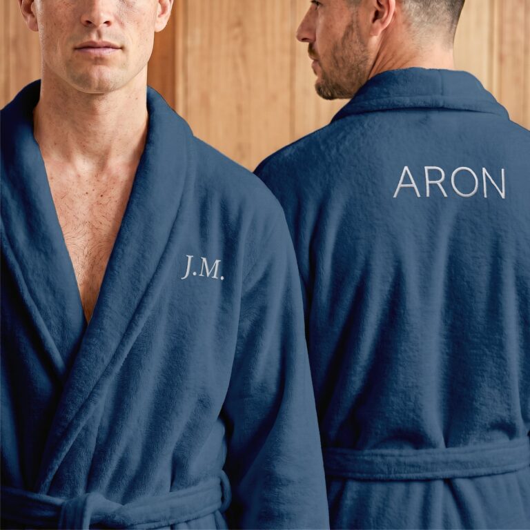 personalised fleece bathrobe for men – embroidered – blue – l/xl