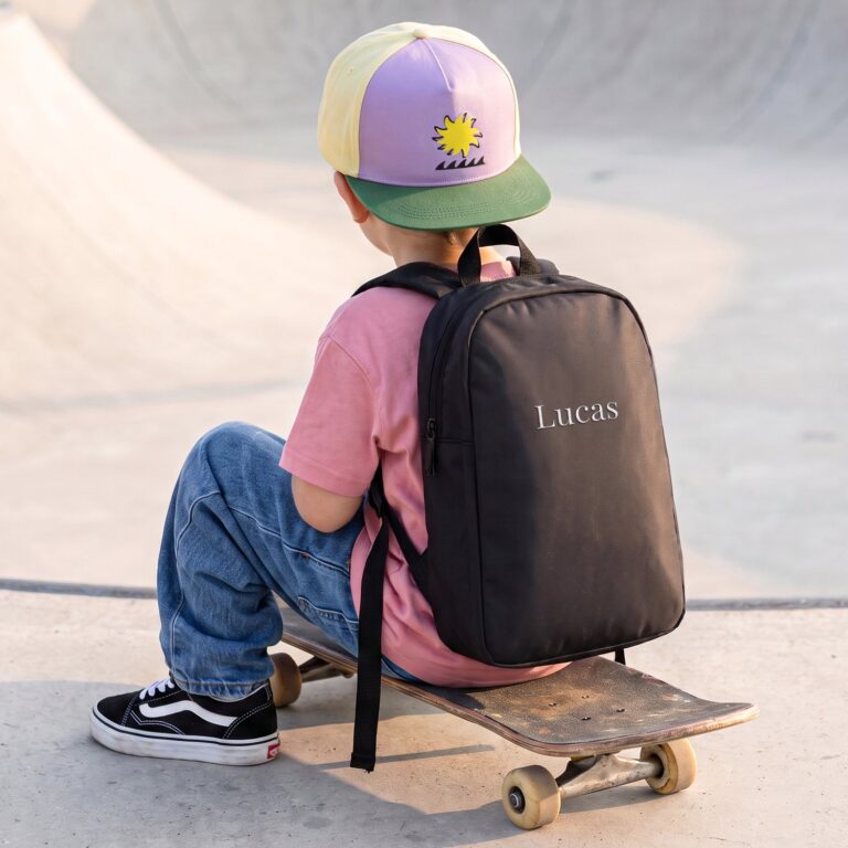 personalised kids backpack – embroidered – black – puffy style