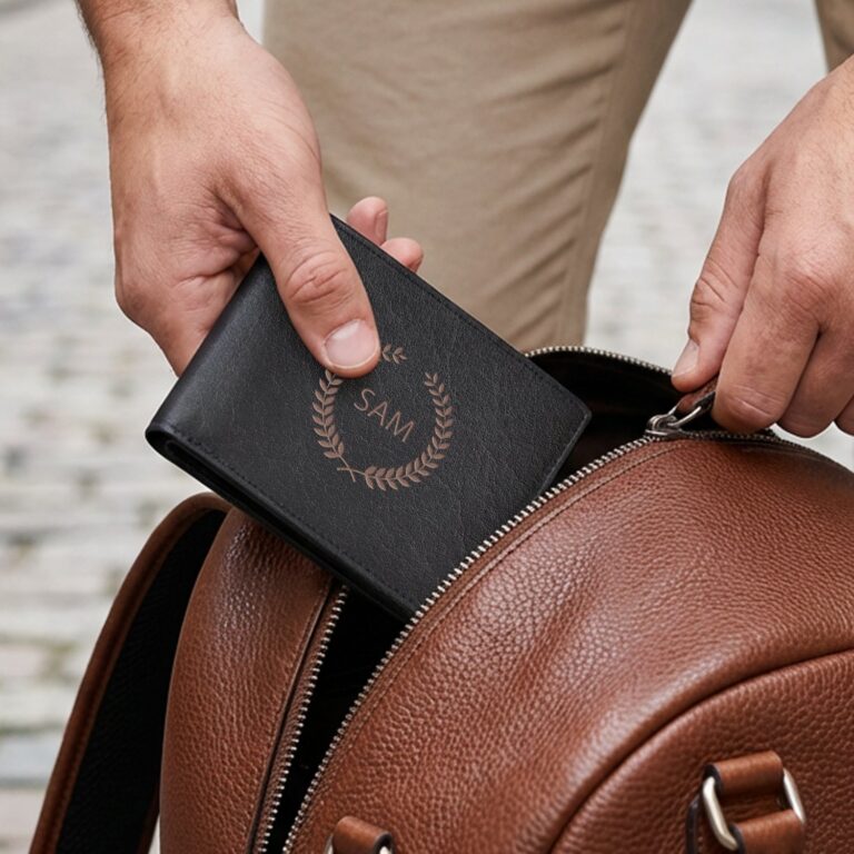 personalised leather wallet – engraved – black