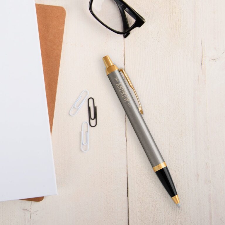 personalised ballpoint pen – parker – im – brushed metal – left handed