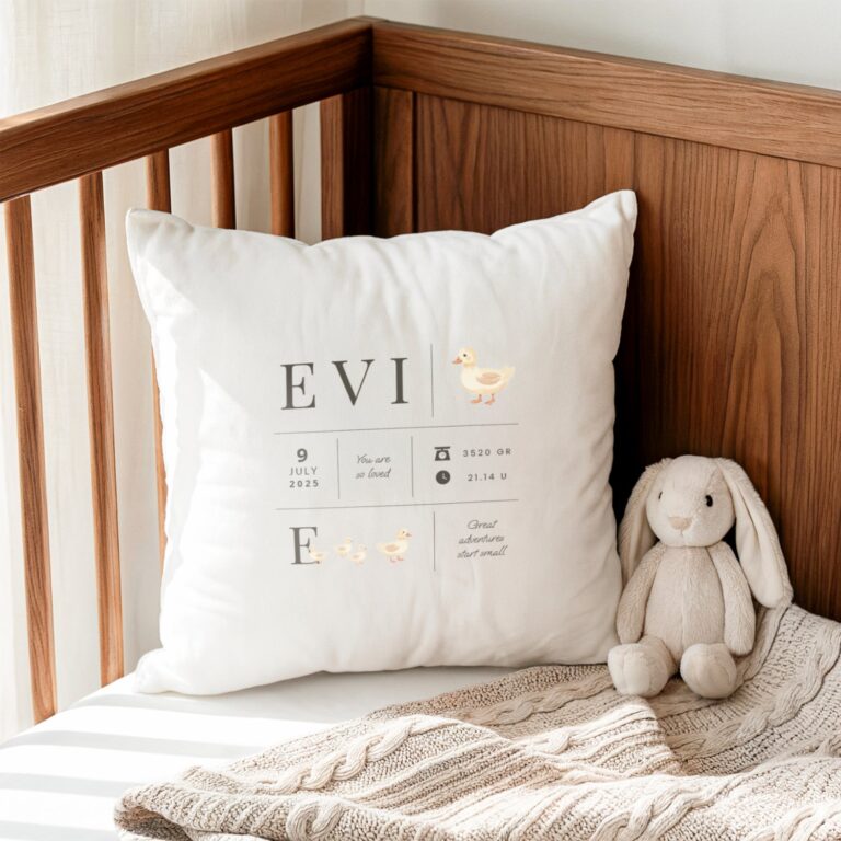 personalised cushion – newborn baby – white – 40 x 40 cm