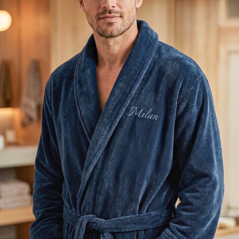 terrycloth bathrobe for men – with name – blue l/xl