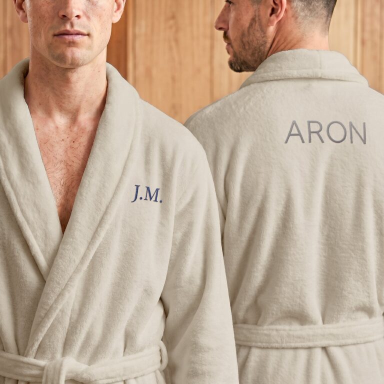 personalised fleece bathrobe for men – embroidered – beige – s/m