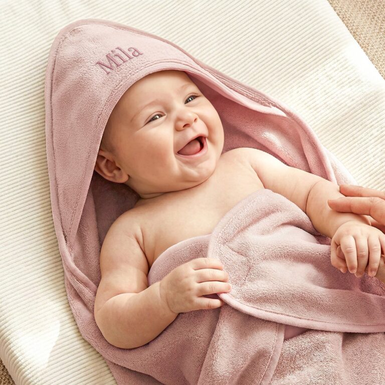 personalised baby hooded towel – terrycloth – pink