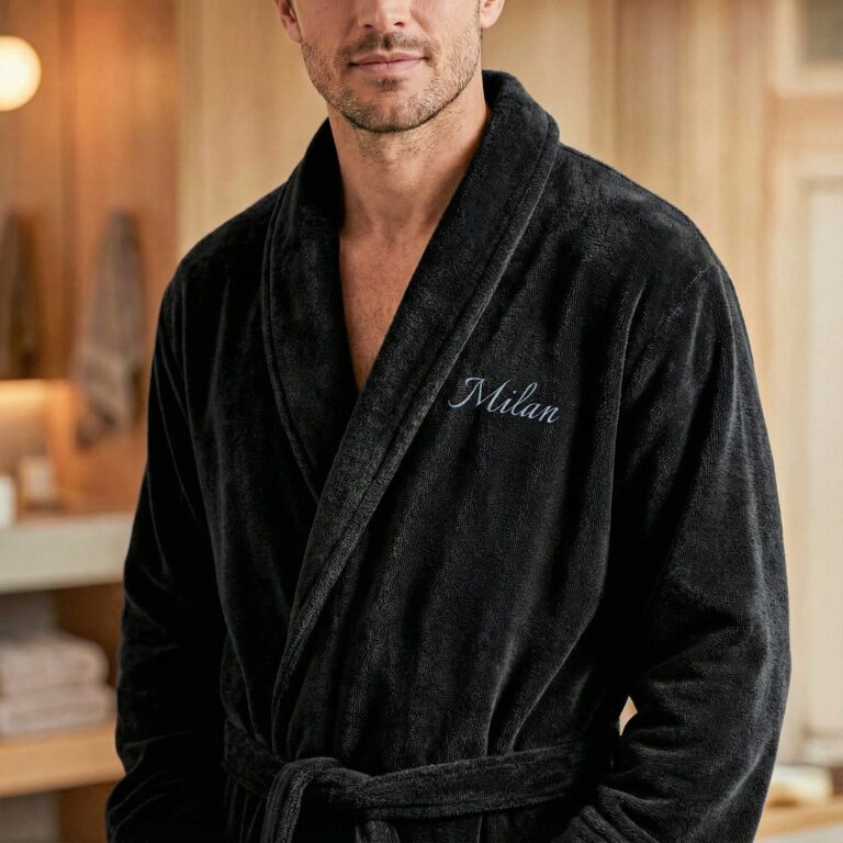 terrycloth bathrobe for men – with name – black l/xl