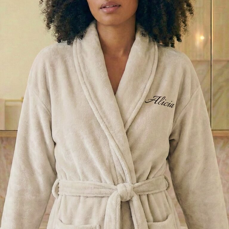 terrycloth bathrobe for women – with name – beige – l/xl