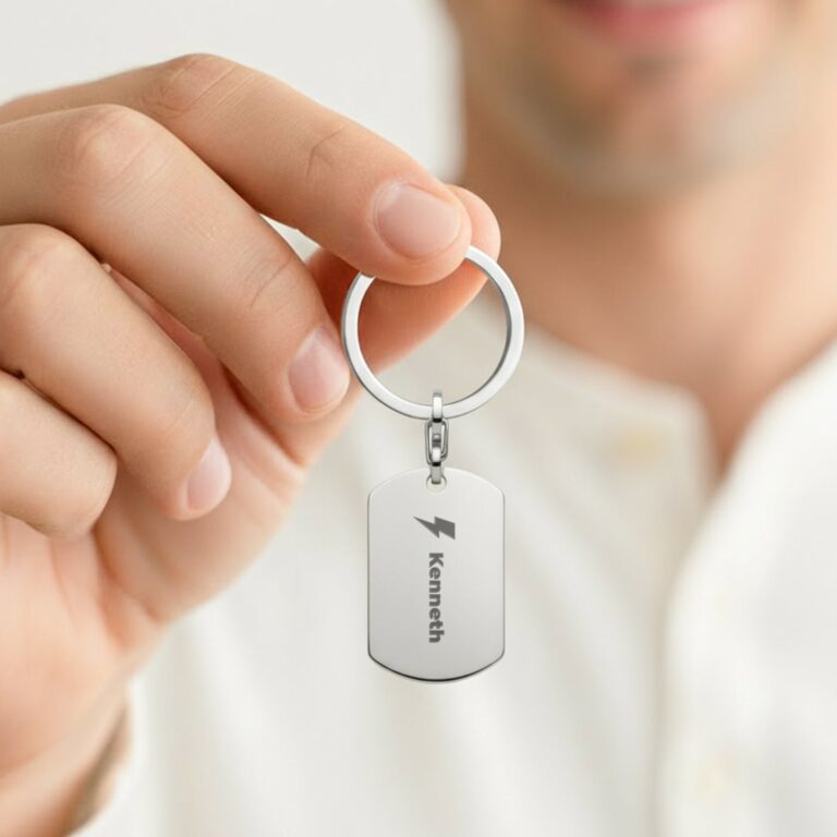 engraved key ring dog tag – silver