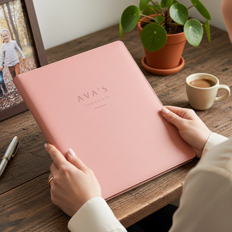 notepad holder – pink – engraved leather