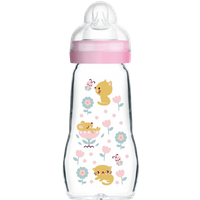 mam anti colic pink cat glass bottle – 260 ml