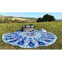 round mandala design table cover: blue and orange; purple/two