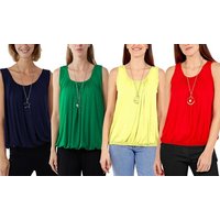ladies ruched neck sleeveless vest top with necklace: denim blue/s m