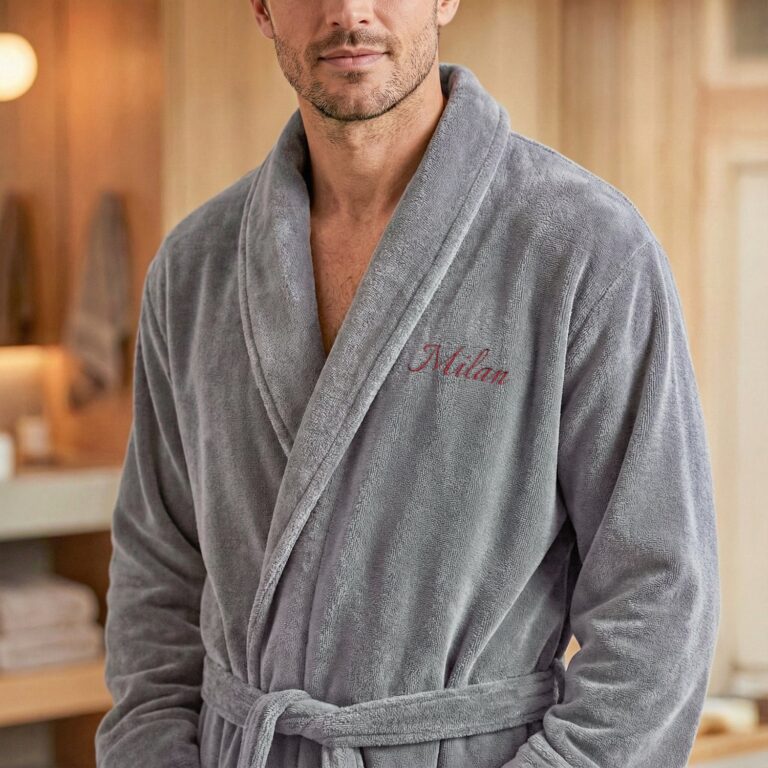 terrycloth bathrobe for men – with name – grey l/xl