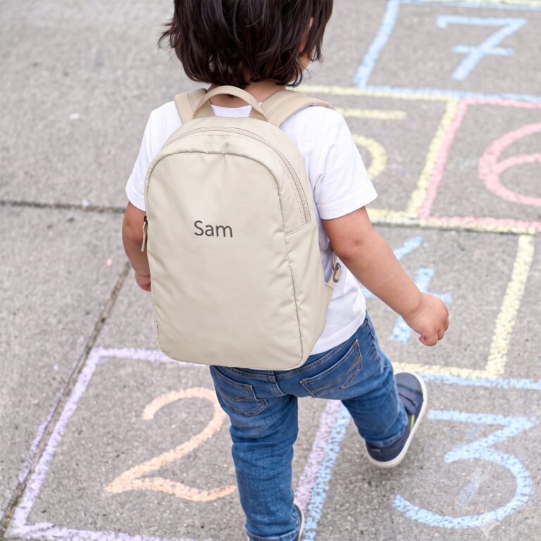 personalised kids backpack – embroidered – beige – puffy style