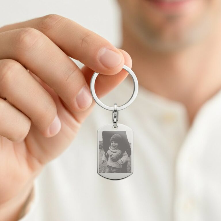 personalised photo key ring – dog tag – silver