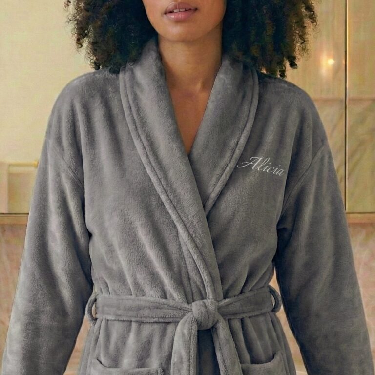 terrycloth bathrobe for women – with name – grey s/m with text