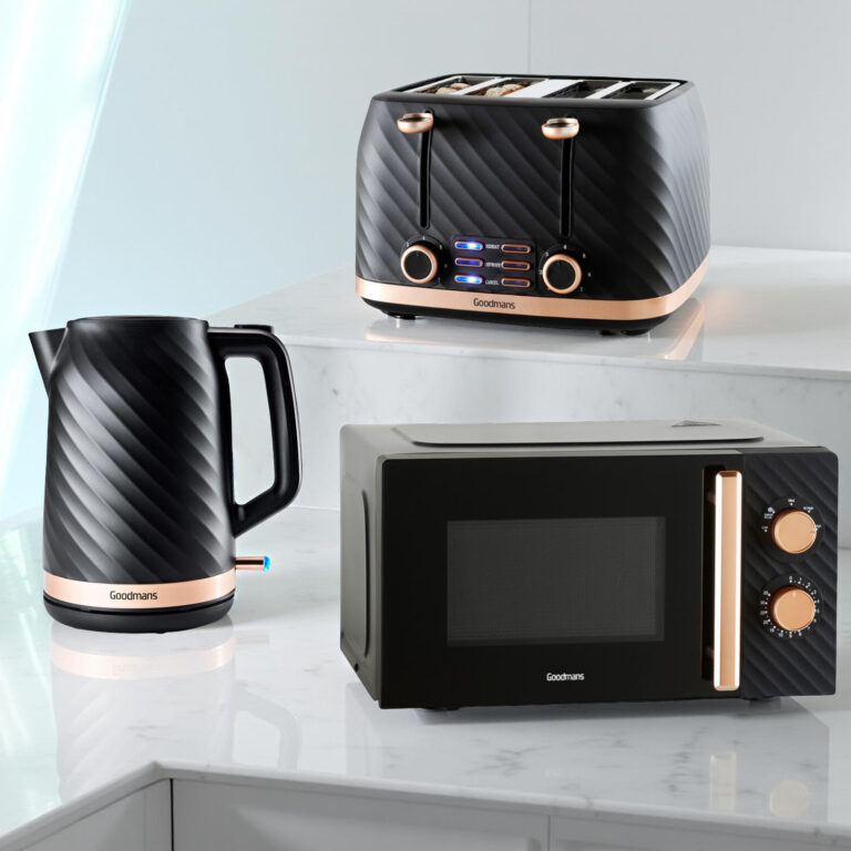 Goodmans Kitchen Set Microwave Toaster & Kettle Black & Rose Gold Textured 3pc goodmans kitchen set microwave toaster & kettle black & rose gold textured 3pc