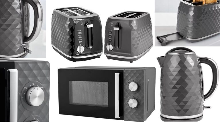 grey diamond texture kettle toaster microwave set – kitchen appliances.